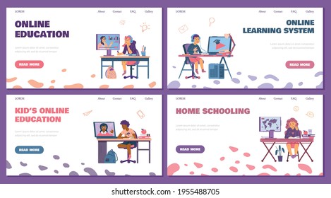 Set of web banners on children online education, cartoon vector illustration.