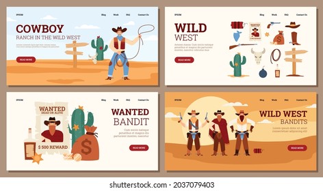 Set of web banners on theme of american wild west. Male bandits in hats and masks wanted dead or alive for reward. Cowboy with lasso in desert landscape. Vector illustrations.