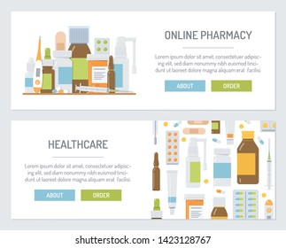 Set web banners for online pharmacy. Medical flat design with vector illustrations. 