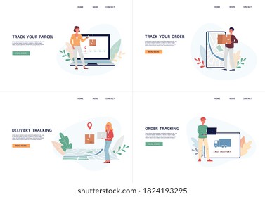 Set of web banners for parcels tracking sites with cartoon people, flat vector illustration. Website pages for online orders tracking of delivery services.