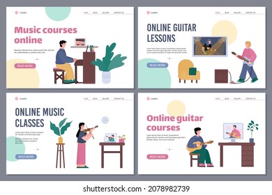 Set of web banners for people education or create video online music lessons. Musicians or students play on electric and acoustic guitars, violin and piano near screens of computers