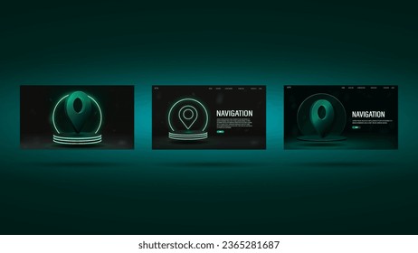A set of web banners with pin navigators on the podium with a neon frame in green. A concept for GPS.