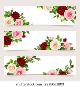 Set of web banners with pink, burgundy, and white roses. Vector illustration