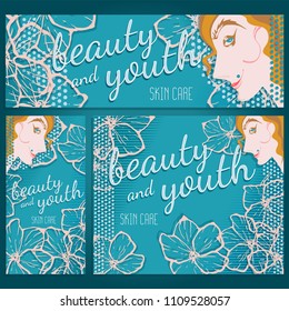 Set of WEB Banners, postcards, posters BEAUTIFUL and YOUNG with the face of a gentle girl and flowers in the style of cut paper. Colorful hand drawn vector stock illustration.