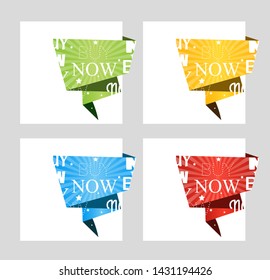 Set of web banners for sales and promotions. Buy now. Paper origami speech bubble isolated on white for design of advertisement label, sticker. Vector