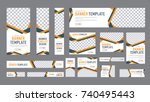 set of web banners of standard size with a place for photos. Vertical, horizontal and square template with black and yellow ribbon (lines), and buttons. Vector illustration