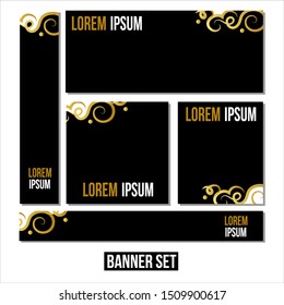 set of web banners of standard size with a place for photos. Vertical, horizontal and square template with black and yellow ribbon (lines), and buttons. Vector illustration