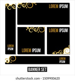 set of web banners of standard size with a place for photos. Vertical, horizontal and square template with black and yellow ribbon (lines), and buttons. Vector illustration