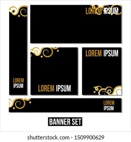 set of web banners of standard size with a place for photos. Vertical, horizontal and square template with black and yellow ribbon (lines), and buttons. Vector illustration