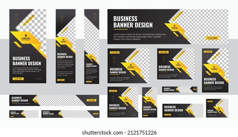 set of web banners of standard size with a place for photos. Vertical, horizontal and square template with black and yellow ribbon, and buttons. Vector illustration