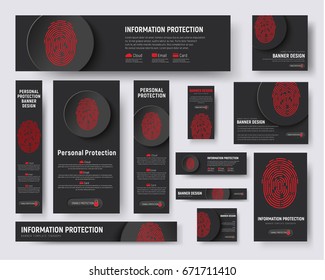 set of web banners of standard size. Black templates with a fingerprint and a button for protecting information and data. Vector illustration