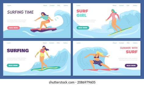 Set of web banners with surf girls who surfing on surfboards in blue waves. Summer activity during vacation on tropical beach sea or ocean. Flat vector illustrations.