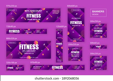 Set of web banners template different sizes for social networks, skyscraper ad, side banner, mobile leaderboard, half page ad, billboard. Bundle banners for product promo, fitness club, GYM.