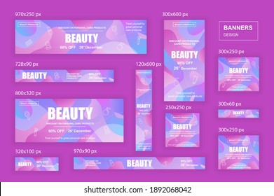 Set of web banners template different sizes for social networks, skyscraper ad, side banner, mobile leaderboard, half page ad, billboard. Bundle banners for product promo, beauty and fashion.