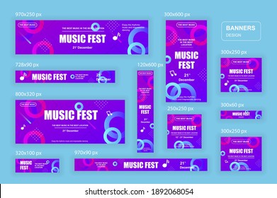 Set of web banners template different sizes for mobile and social networks, poster, shopping ads, marketing. Bundle banners for product promotion, music fest, dj party, musical holiday.