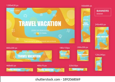 Set of web banners template different sizes for mobile and social networks, skyscraper ad, side banner, mobile leaderboard, half page ad, billboard. Bundle banners for product promo, travel agency.