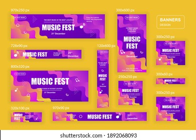 Set of web banners template different sizes for social networks, skyscraper ad, side banner, mobile leaderboard, half page ad, billboard. Bundle banners for product promo, music fest.