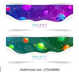 Set of web banners templates with abstract shape and stars. Cosmos, universe and sky. Space explore. Children cartoon vector illustration of galaxy. Concept of web background