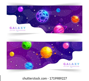 Conjunto de plantillas de banners web con forma abstracta y estrellas. Cosmos, universo y cielo. Exploración espacial. Dibujo infantil ilustrativo vectorial de la galaxia. Concepto de fondo web.