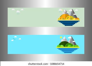 Set web banners templates, modern flat design conceptual landscapes with sea, beach, hills, trees and mountains. Vector illustration.