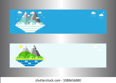 Set web banners templates, modern flat design conceptual landscapes with sea, beach, hills, trees and mountains. Vector illustration.