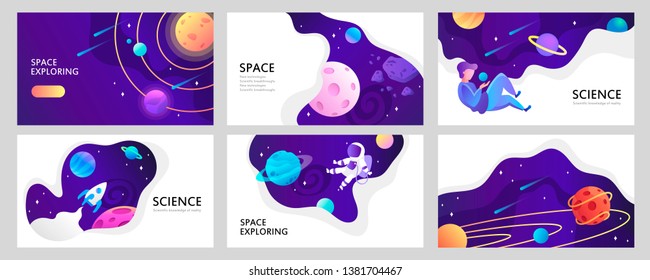 Set of web banners templates. Presentation. Space explore. Children cartoon vector illustration. Science. Horizontal banners. EPS 10