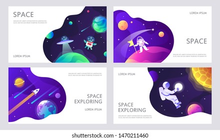 Set of web banners templates. Presentation. Space explore. UFO. Children cartoon vector illustration. Science. Horizontal banners. EPS 10