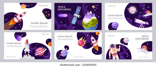 Set of web banners templates. Presentation. Cartoon modern design. Black holes. Space explore. Children vector illustration. Science. Horizontal banners. EPS 10