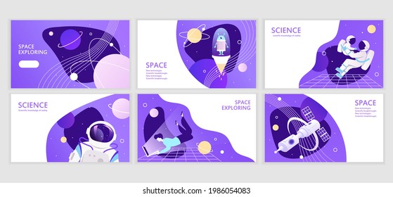Set of web banners templates. Presentation. Space explore. Corporate presentation design. Future. Purple gradient. Cartoon vector illustration. Science. Horizontal banners. EPS 10