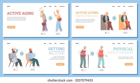 A set web banners with tired and energetic elderly people. Aged male and female characters feeling exhausted, tiredness and rested cheerful. Vector flat illustrations.