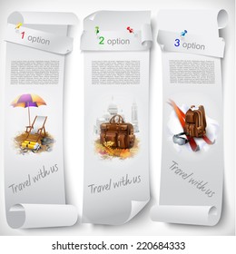 Set of web banners with tourists equipment. Isolated on light background. Vector clip-art