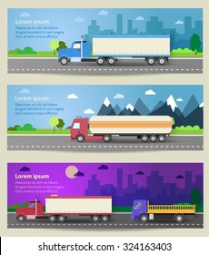 Set of web banners trucks. Color flat icons. Dump truck, tank, gasoline, truck, container, delivery, city, logistics. Vector illustration