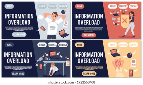 Conjunto de banners web con gente disgustada que siente estrés por la sobrecarga de información, ilustración vectorial plana aislada. Lanzar páginas sobre el problema de estrés informativo.