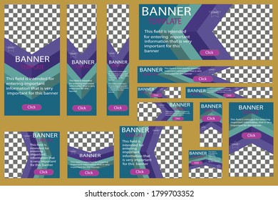 Set of web banners vector, in blue colors with three-dimensional corners, with a sharp cutout for photos