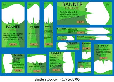 Set of web banners vector, geometric, green, standard sizes with cutout for photos