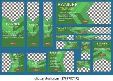 Set of web banners vector, in green colors with three-dimensional corners, with a sharp cutout for photos