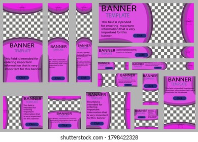 Conjunto de banners web vectoriales, en color púrpura, con un recorte estrecho para las fotos