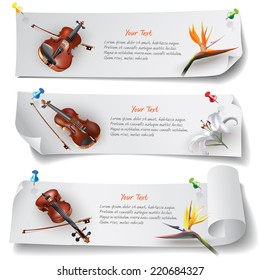 Set of web banners with violins and flowers. Isolated on light background. Vector clip-art