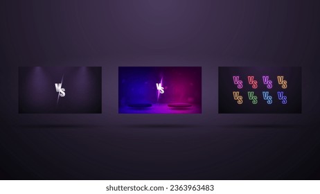 A set of web banners with VS versus neon with a podium and lamps in purple blue and pink on a dark background.