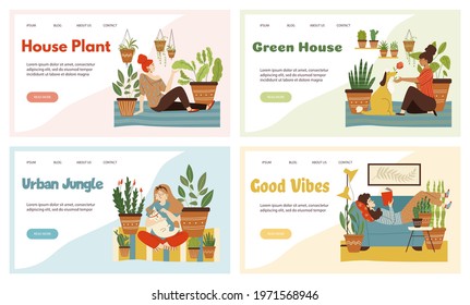 Set of web banners with women at home among house plants. Caring for indoor plants and green lifestyle concept of web pages, flat vector illustration.