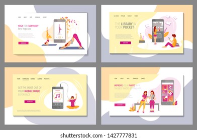 Set of web banners for Yoga, music and book lovers, mobile apps, technology. Photo editing, Music player, e-book reader, e-library and Yoga apps for smartphone. Poster, banner, website design.