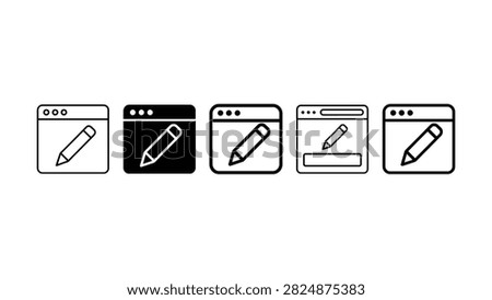 Set of web browser window icons featuring a pencil tool for editing