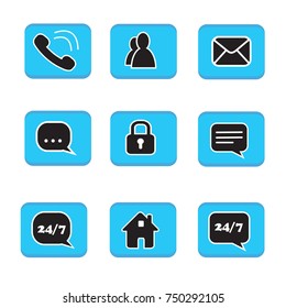 set of web button icons contact symbol collection black and white on blue button phone mail life chat home padlock people address book