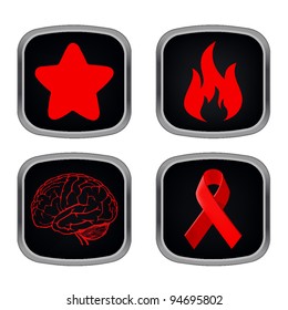 set of web buttons with signs of stars. brain. ribbon. fire