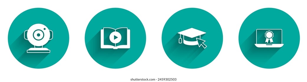 Set Web-Kamera, Hörbuch, Abschlusskappe mit Cursor und Online-Bildungsdiplom-Symbol mit langem Schatten. Vektorgrafik
