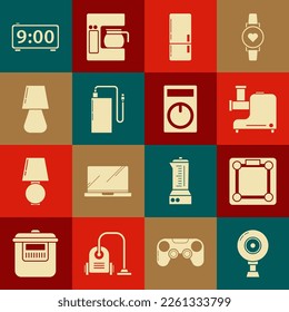Set Web camera, Bathroom scales, Kitchen meat grinder, Refrigerator, Power bank with different charge cable, Table lamp, Digital alarm clock and Remote control icon. Vector