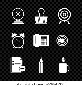 Set Web camera, Binder clip, Target, Document with minus, Pencil, Cup of tea and leaf, Alarm clock and Telephone icon. Vector
