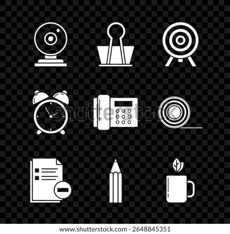 Set Web camera, Binder clip, Target, Document with minus, Pencil, Cup of tea and leaf, Alarm clock and Telephone icon. Vector