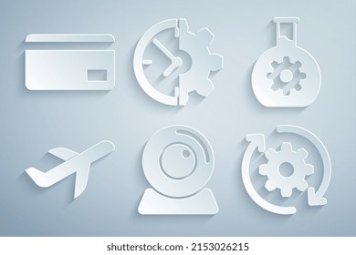 Set Web camera, Bioengineering, Plane, Gear and arrows as workflow, Clock gear and Credit card icon. Vector