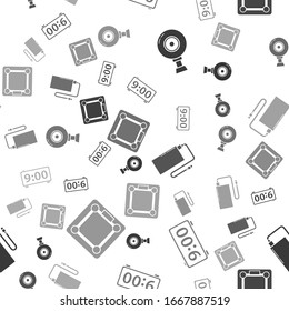 Set Web camera , Digital alarm clock , Power bank with different charge cable  and Bathroom scales  on seamless pattern. Vector